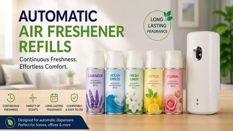 Premium automatic air freshener refills with multiple fragrance options for continuous freshness in homes and offices