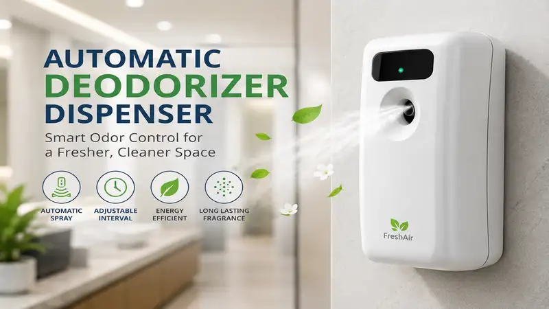 Automatic deodorizer dispenser mounted on a wall providing continuous odor control and fresh indoor air