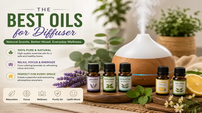 best oils for diffuser arranged with essential oil bottles, a modern diffuser, and fresh botanicals for a relaxing home environment.