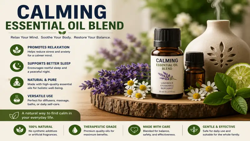 calming essential oil blend with lavender and chamomile creating a relaxing atmosphere for everyday wellness