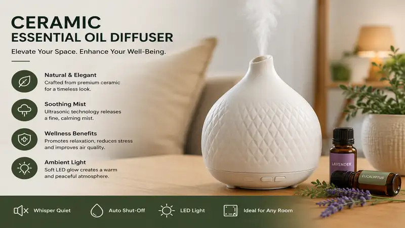 Modern ceramic essential oil diffuser with elegant ceramic craftsmanship releasing a gentle aromatic mist in a cozy living room.