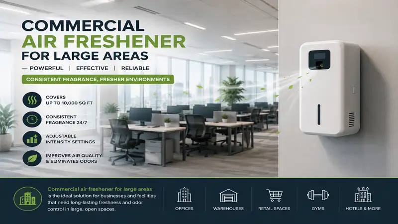 Commercial air freshener for large areas installed in a spacious office providing consistent fragrance and cleaner indoor air.