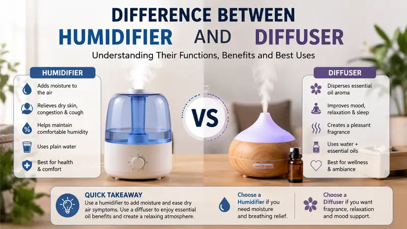 Difference between humidifier and diffuser showing the main functions and uses of each device