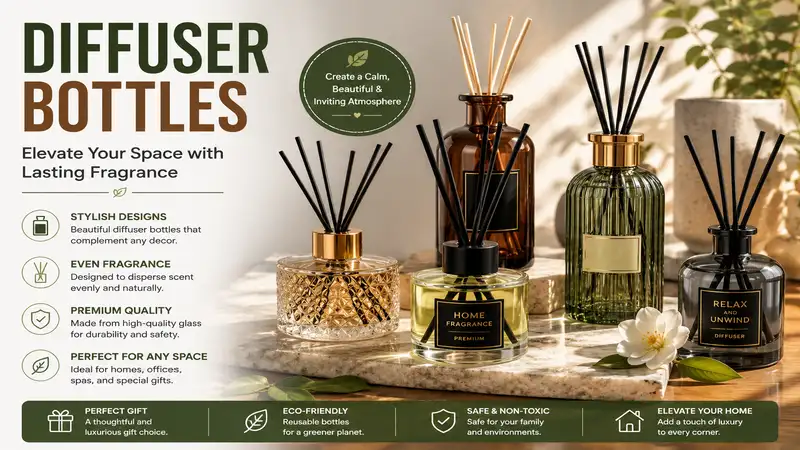 Diffuser bottles in elegant glass designs for essential oils and home fragrance.