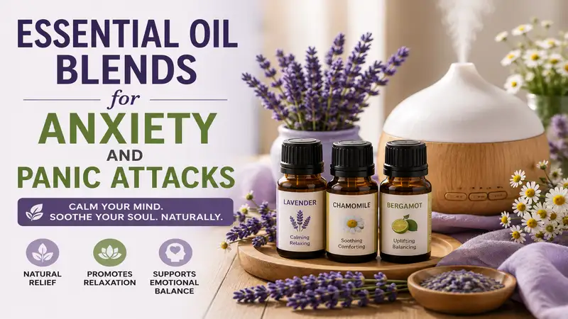Essential oil blends for anxiety and panic attacks displayed with lavender, chamomile, and a calming aromatherapy diffuser