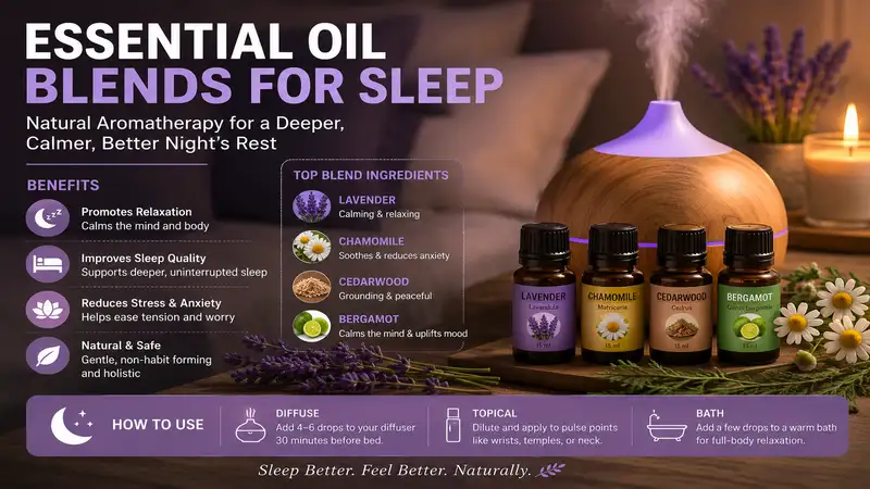 Natural essential oil blends for sleep with lavender, chamomile, cedarwood, and bergamot for a relaxing bedtime routine.