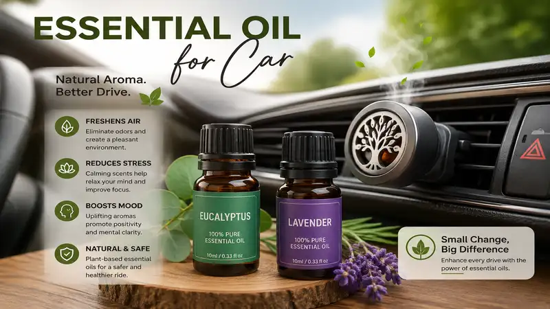 Essential oil for car used in a stylish vehicle diffuser to create a fresh and relaxing driving experience.