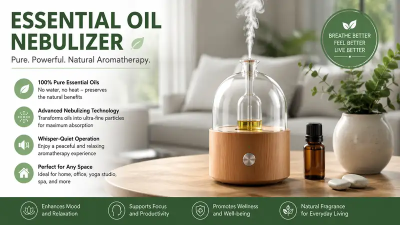 Essential oil nebulizer releasing pure aromatic mist in a modern home