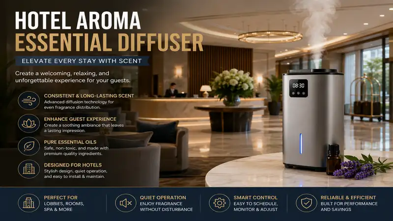 Elegant hotel aroma essential diffuser creating a luxurious and relaxing atmosphere in a modern hotel lobby.