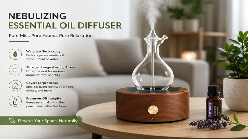 Modern nebulizing essential oil diffuser with a glass reservoir releasing pure essential oil mist in a stylish living room.