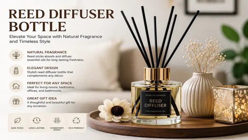Elegant reed diffuser bottle with natural reeds adding fragrance and style to a modern home interior.