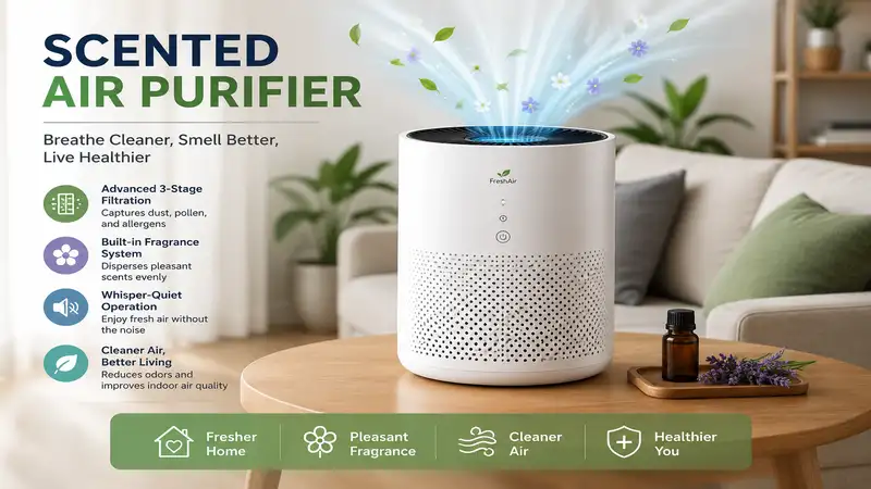 scented air purifier improving indoor air quality with clean air and a pleasant natural fragrance in a modern living room.