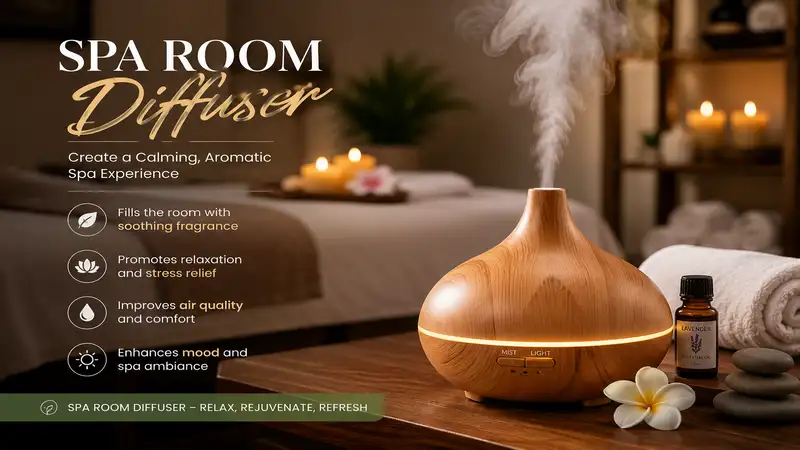 spa room diffuser creating a relaxing atmosphere with soft lighting and aromatic essential oils.