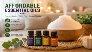 Affordable essential oils being used in a diffuser to create a relaxing home environment