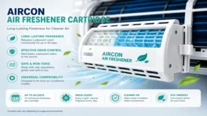 Close-up of an aircon air freshener cartridge designed for long-lasting fragrance and odor control.