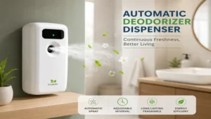 Automatic deodorizer dispenser releasing a fine mist to maintain a fresh and pleasant environment