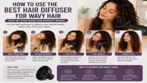 Best hair diffuser for wavy hair demonstrating the correct drying technique for soft, bouncy, and defined waves.