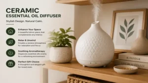 Stylish ceramic essential oil diffuser displayed as a decorative home décor piece with natural accents.