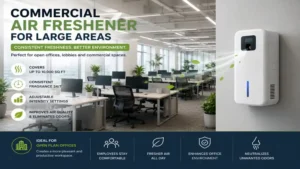 Commercial air freshener for large areas improving air quality throughout a modern open-plan office environment.