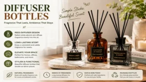 Diffuser bottles with reed sticks releasing a pleasant and long-lasting fragrance.
