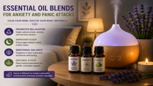 Essential oil blends for anxiety and panic attacks used with an ultrasonic diffuser in a peaceful bedroom