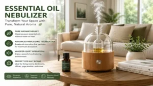 Essential oil nebulizer adding natural fragrance to a bright living room