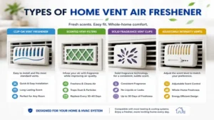 Different types of home vent air freshener products designed for HVAC vents and central air systems.