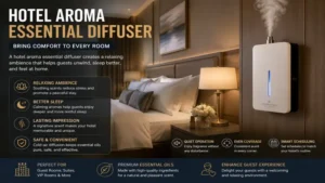 Hotel aroma essential diffuser providing a calming scent inside a stylish guest room.