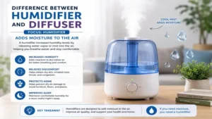 Difference between humidifier and diffuser illustrated by a humidifier adding moisture to dry indoor air