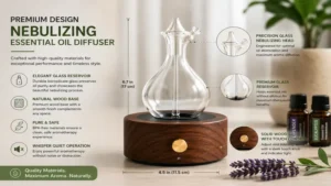 Close-up of a nebulizing essential oil diffuser featuring a premium glass reservoir and wooden base.