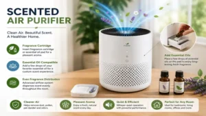 scented air purifier compatible with essential oils or fragrance cartridges for cleaner, fresher indoor air.