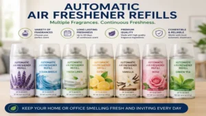 Variety of automatic air freshener refills featuring lavender, ocean breeze, citrus, vanilla, rose, and green tea scents