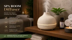 Modern spa room diffuser placed on a wooden shelf in a luxury wellness space.
