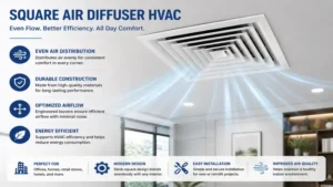Square air diffuser HVAC providing even airflow throughout an indoor space