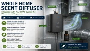 Whole home scent diffuser connected to an HVAC system for complete home fragrance coverage.