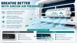 Aircon air freshener helping eliminate unpleasant odors while improving indoor air freshness.