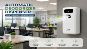 Automatic deodorizer dispenser improving air freshness in a modern office workspace
