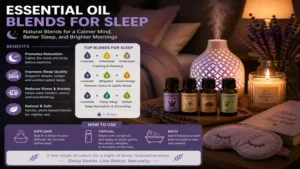 Cozy bedtime setup featuring essential oil blends for sleep with diffuser, candle, and relaxing bedroom décor.