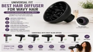 Best hair diffuser for wavy hair featuring a universal attachment compatible with most hair dryers for even airflow.