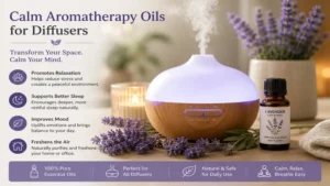 Calm aromatherapy oils diffused in a modern essential oil diffuser to enhance home relaxation.