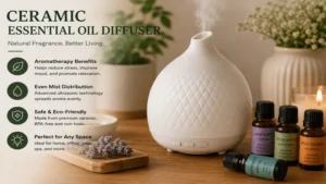 Ceramic essential oil diffuser paired with essential oil bottles for a relaxing aromatherapy experience.