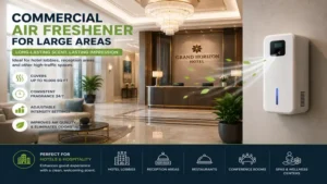 Commercial air freshener for large areas creating a fresh and welcoming atmosphere in a hotel lobby.