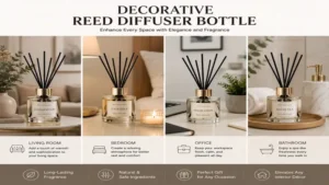 Decorative reed diffuser bottle enhancing living room, bedroom, or office décor.