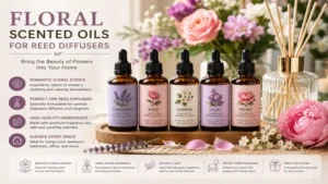 Floral scented oils for reed diffusers inspired by fresh blooms for a relaxing atmosphere.
