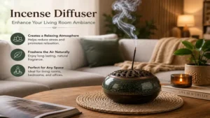 Stylish incense diffuser enhancing a cozy living room with soothing fragrance and modern décor.