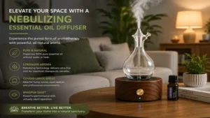A nebulizing essential oil diffuser creating a relaxing aromatherapy atmosphere in a modern living room.