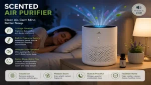 Quiet scented air purifier creating a clean, fresh, and relaxing atmosphere in a modern bedroom.