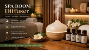 spa room diffuser with essential oil bottles arranged beside it for a calming and luxurious spa experience.