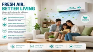 Living room with an aircon air freshener creating a clean and refreshing indoor environment.