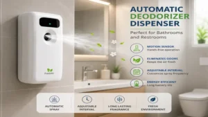 Automatic deodorizer dispenser designed for bathrooms and restrooms to eliminate unwanted odors